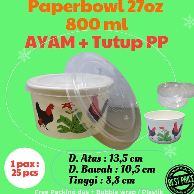 

READY PAPER BOWL 27 OZ 800 ML AYAM + TUTUP + INNER ISI 500 PCS