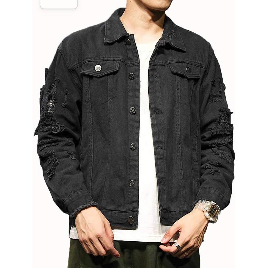 Jaket Fashion Pria Desain Terbaru Model Korean Style,Jaket Jeans Denim Pria Full Hitam Sobek