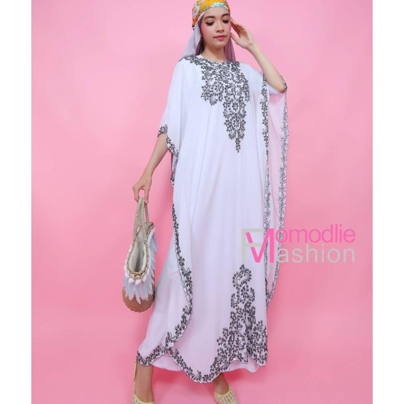 KAFTAN MAXI DRESS KAFTAN PAYET SILVER WARNA PUTIH TULANG BY MOMODLIE KAFTAN LEBARAN 2025 BUSANA MUSL