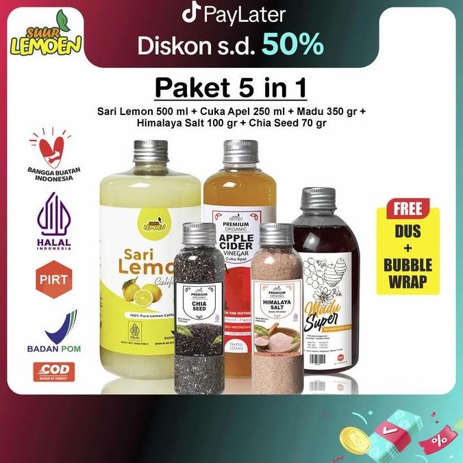 

Produk Baru!! SUUR LEMOEN Paket 5 in 1 Cuka Apel Sari Lemon Madu Hutan Chia Seeds Garam Himalaya