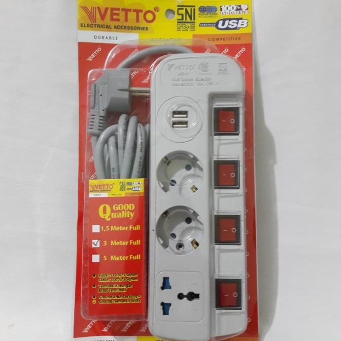 TERMURAH - Stop Kontak 2 Lubang+2 USB+4 Saklar+1 Colokan kaki 3+Kabel 3m VETTO