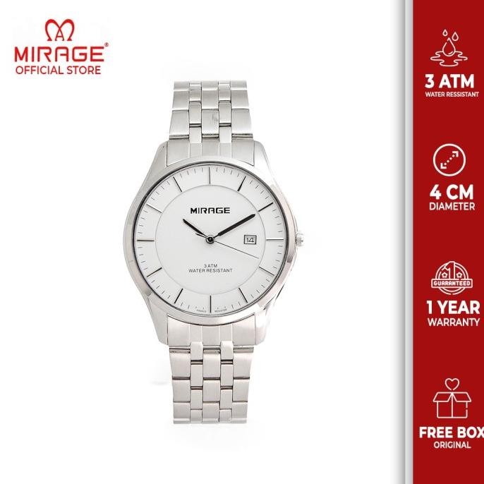 GARANSI Original Mirage Jam Tangan Pria Elegant Tipis Analog Silver 8544M pP
