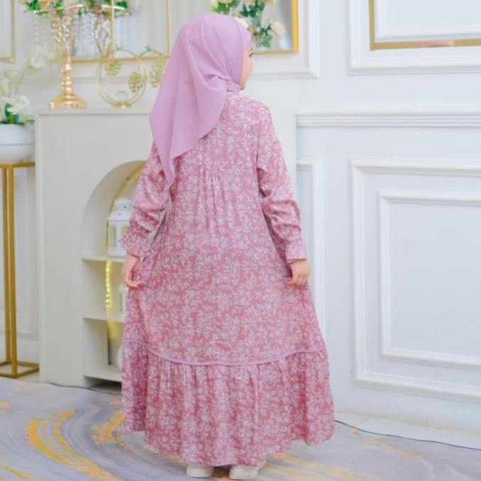 Gamis anak set Jilbab , pakaian muslim anak perempuan,kombinasi renda dada, bahan katun Rayon