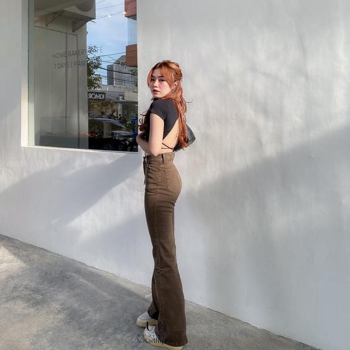HOT SALE Kezia Cutrbray Pants Coklat Tua- Celana Cutbray Highwaist Jeans  Denim Stretch  Panjang Wan