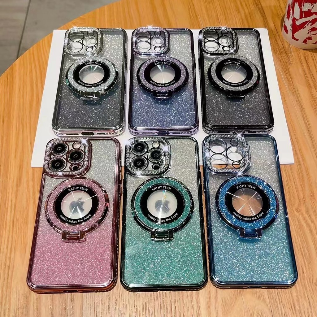 Casing Ponsel Gradien Magnetik14pro Berlian Imitasi Mewah Berlapis Elektro13Glitter max Braket iphon