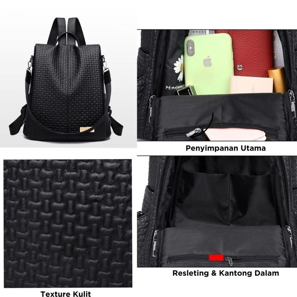 CR - HANAMI Tas Ransel Wanita Kulit Premium Korea Cewek Sekolah Gendong Croco Hitam Maelis Kuliah TA