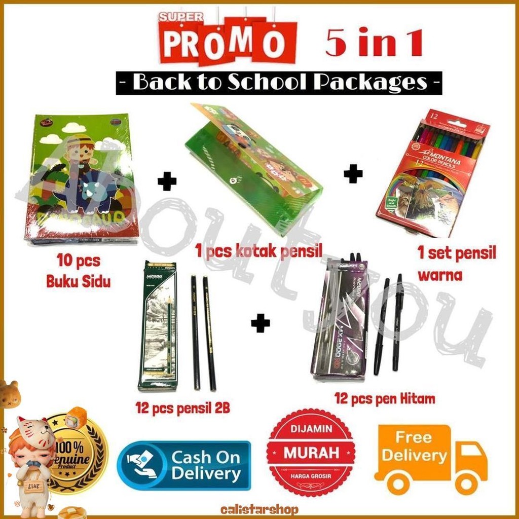 Promo 5 In 1 Paket Alat Tulis Sekolah Set Lengkap Buku Kotak Pensil Warna Pen Murah Diskon