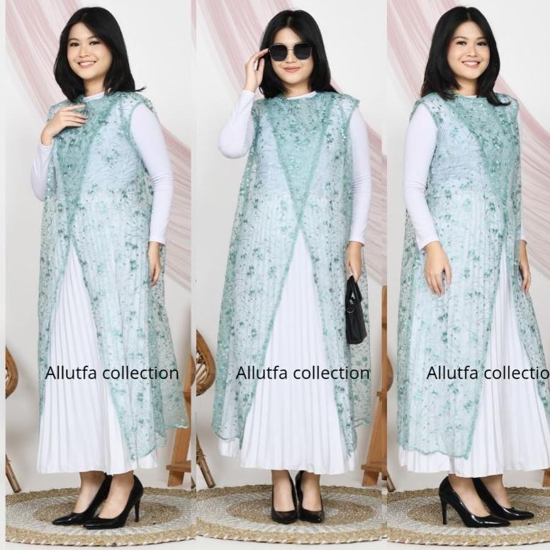 jg-56 outer cardigan Gamis silang Brokat Tile Mewah Baju Kondangan Wanita tanpa lengan motip random 