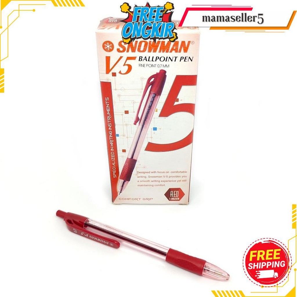 

Pulpen/Bolpoint Snowman V5 (1 Lusin) Tinta Hitam Anti-Kering Bisa Cod