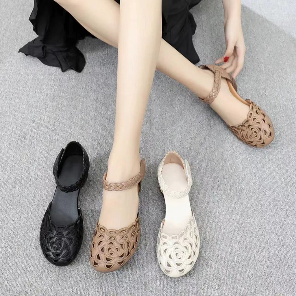 Sandal Kulit Asli Wanita untuk Ibu, Sandal Hak Tinggi Bordir Tangan, Sandal Hak Chunky Vintage Berlu