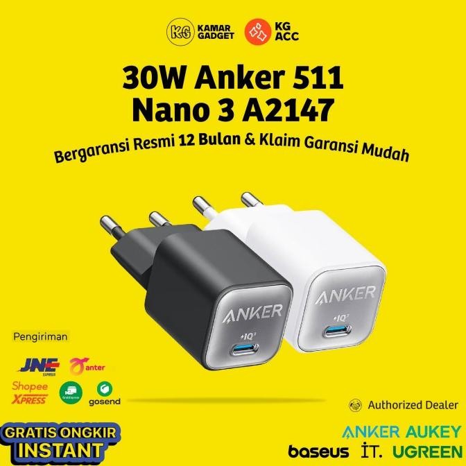 Sale Anker 511 Nano 3 Adapter Kepala Charger Iphone For Iphone 11 12 13 14 Pd Type-C Fast Charging 3