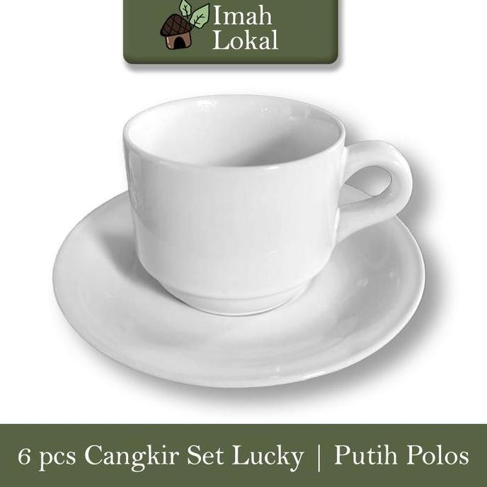 HARGA DISKON 6 Set Cangkir Keramik Lucky Gelas Minum Kopi Teh Warna + Pisin / Tatakan - Putih Polos