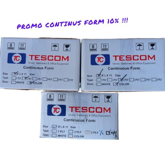 

TERBARU - HARGA PROMO CONTINOUS FORM MERK TESCOM 9 1/2 X 11 2PLY - 4PLY PERBOX