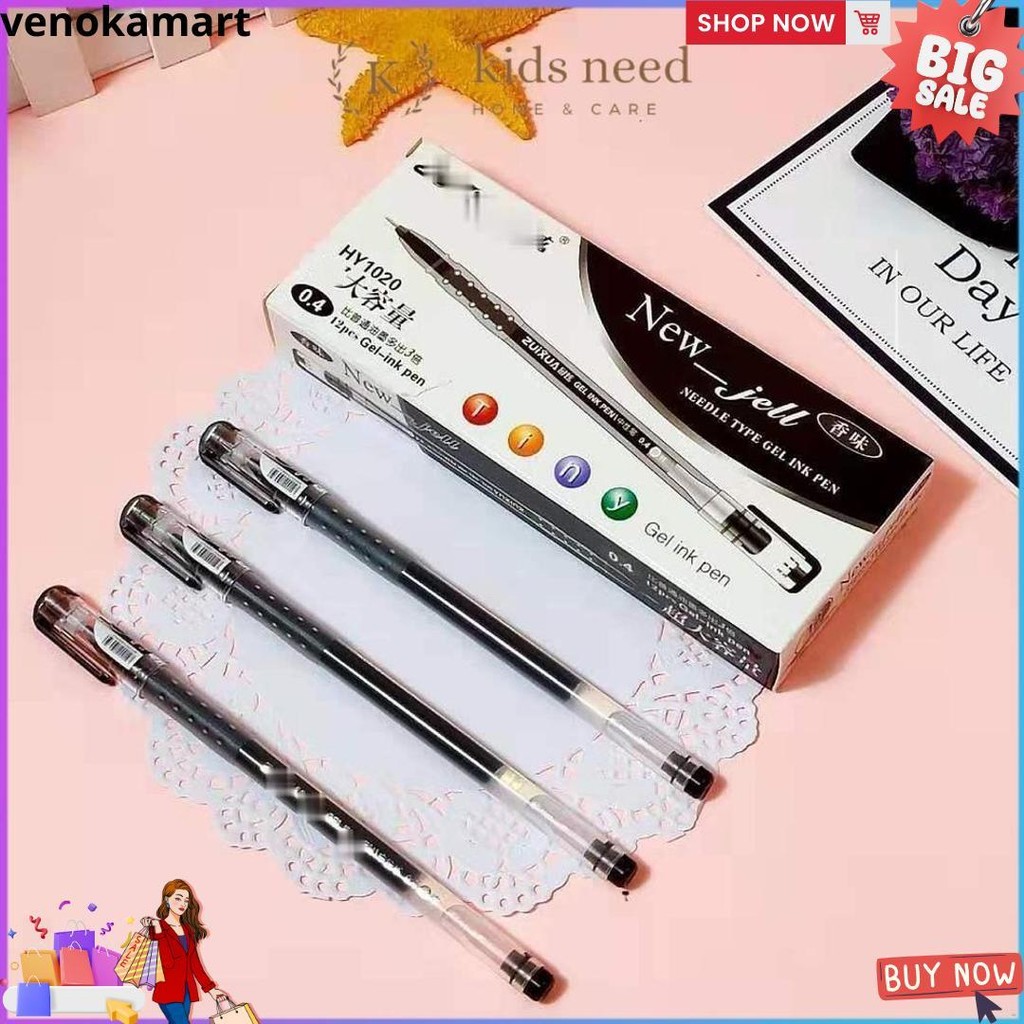 

12Pcs Pulpen Gel Haris / Pen New Jell Hitam / Ballpont New Gel Mata Jarum Tip 0.4Mm D Gratis Ongkir