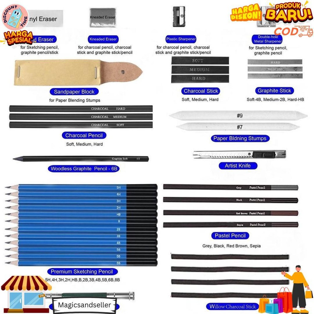 

33/35Pcs/Set Sketch Pencil Pisau Penghapus Dan Pensil Gambar Untuk Keperluan Sekolah Pencil Drawing Set D Promo Puncak