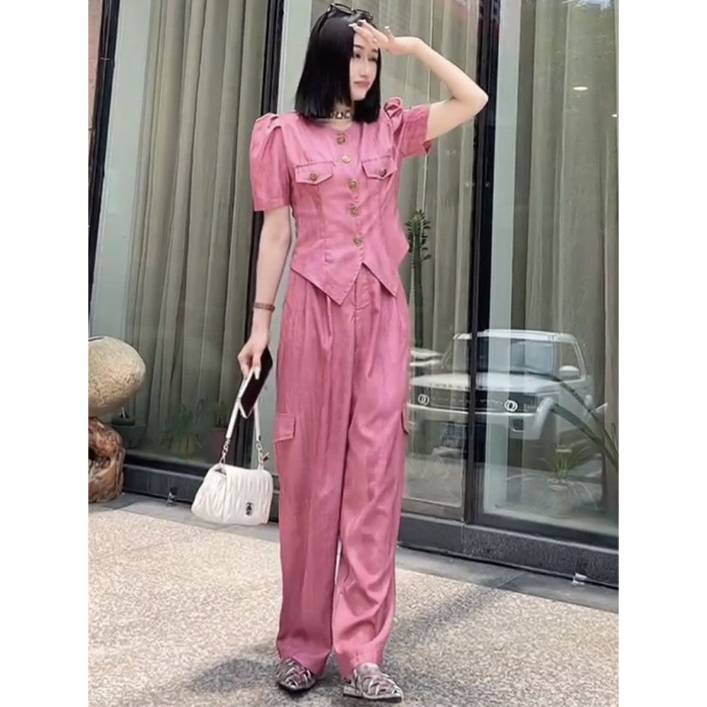 Fashion Lengan Puff Lengan Pendek+Celana Kaki Lebar