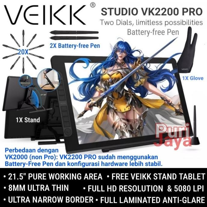 Veikk Vk2200 Pro Studio 22 Drawing Tablet Monitor Inch Alt Vk1200 New Stok