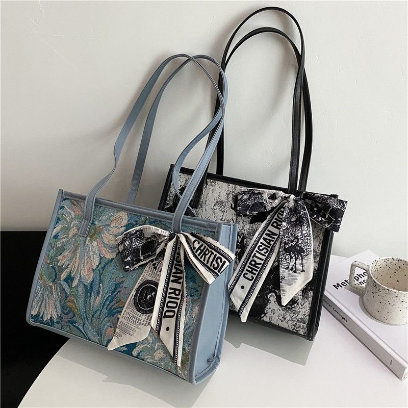 Tas Tote Kanvas Lukisan Cat Minyak/Tas Bahu Serbaguna Fashionable Baru