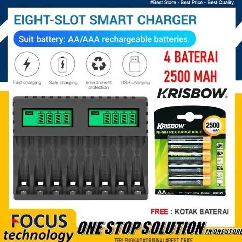 Krisbow Baterai Rechargeable Aa 2500 Mah With Quick Charger 8 Slot