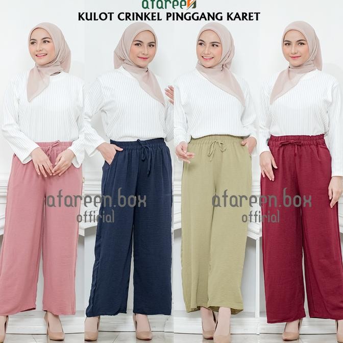 Diskon Kulot Crinkle Airflow Celana Panjang Wanita Basic Polos Pinggang Kolor