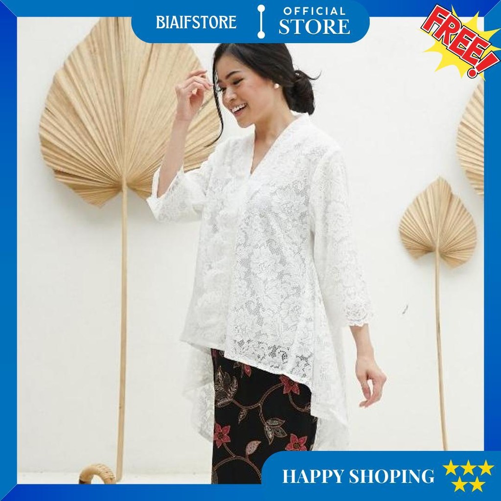 Ibukebaya - Kebaya Encim Modern Panjang Belakang Penguin Brukat Putih Hitam Sale
