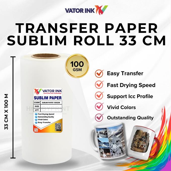 

TERBARU - Kertas Sublim Roll A3+ 33cmX100m Quick Dry Warna Pekat Sablon Kaos Mug