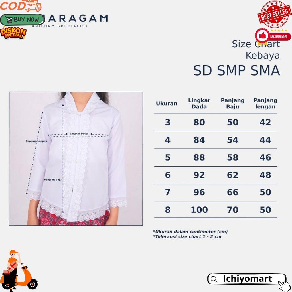 Primaragam Kebaya Anak Perempuan Modern Sd Smp Sma Atasan Baju Sekolah Adat Sunda Encim Putih Cod