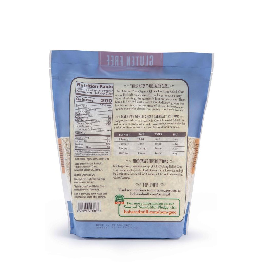 

BOB'S RED MILL GLUTEN FREE ORGANIC QUICK ROLLED OATS 794 GR
