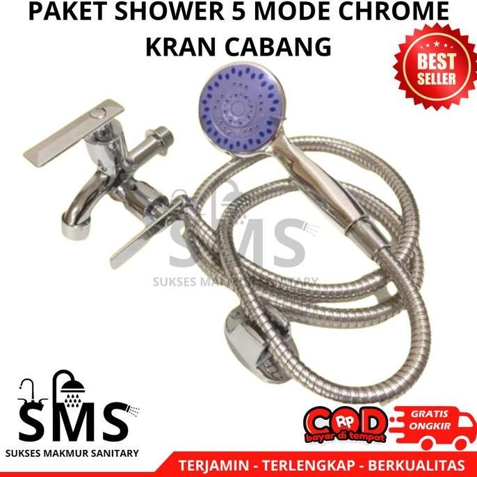 Paket Shower Kamar Mandi Dan Kran Shower Cabang - 1/2 Inch Stainless 5 Mode Fungsi Plastik Selang Se