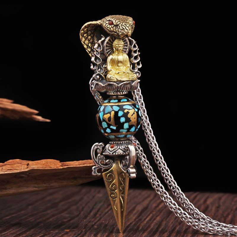 Gantungan Kalung Pria Sakyamuni Perak Murni Kepribadian Retro Mantra Enam Kata yang Dapat Diputar Tr