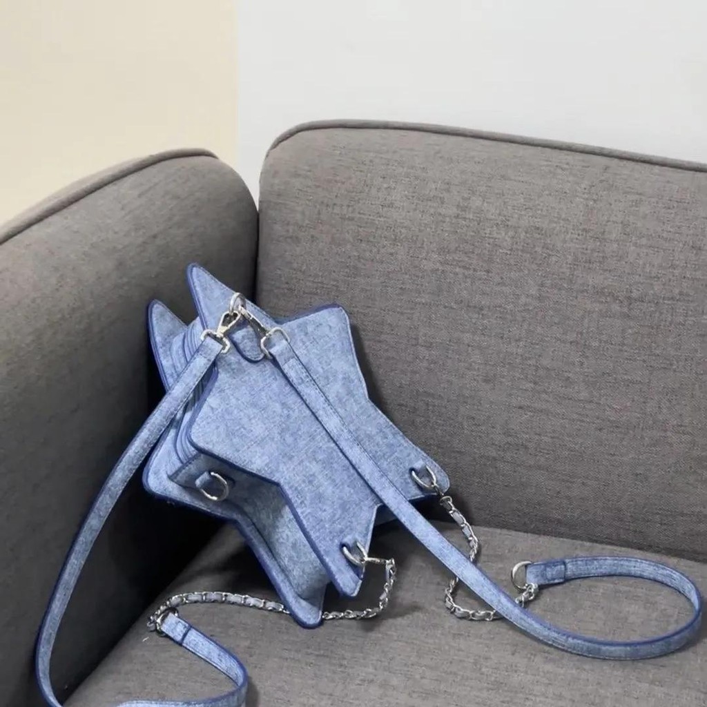 Denim Biru Ransel Selempang Huruf Bordir Bintang Lima-sudut