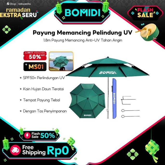 BOMIDI 1.8m Portabel Payung Teras Memancing Pelindung UV Payung Tenda Teras Pantai Luar Ruangan Umbr