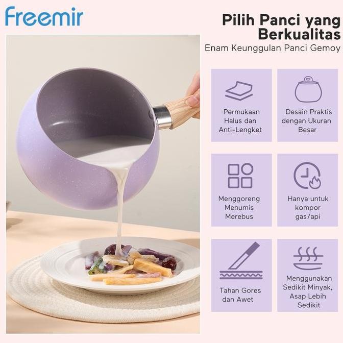 Murah [Big Sale] Freemir Panci Susu Gemoy 16 Cm Batu Granit Dengan Tutup Kaca Cekung Anti Lengket Pe