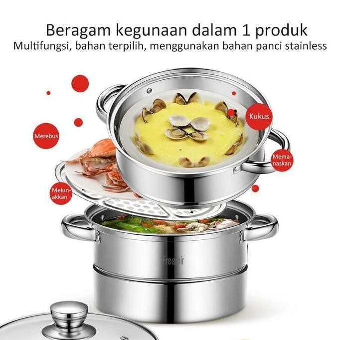 Grosir [Mega Sale] [Crehom Exclusive] Freemir Panci Stainless Kukus 2 Susun 26Cm Kukusan Anti Karat 