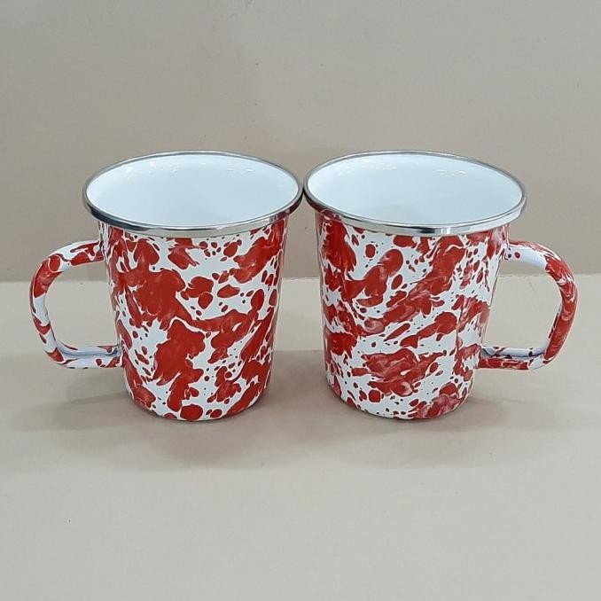 Latte Mug Gelas Cangkir Enamel Merah Blirik Loreng Marble LAT