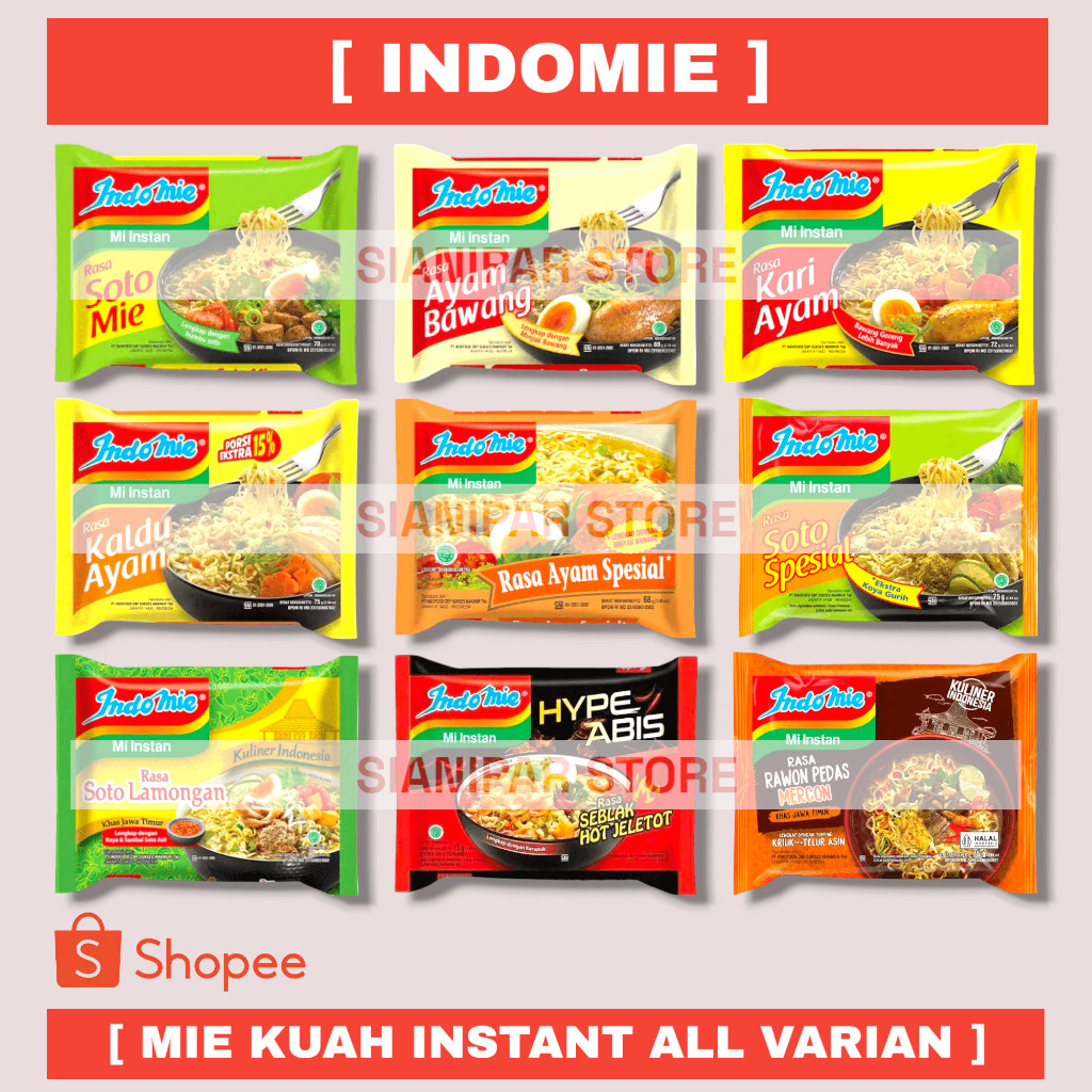 

INDOMIE MIE INSTANT KUAH ALL VARIAN PCK SOTO MIE - AYAM BAWANG - KARI AYAM - SPESIAL HOT JELETOT - SOTO SPESIAL - K0ALDU AYAM