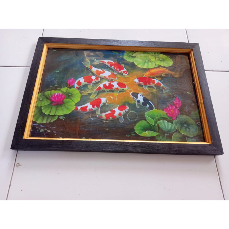 Viral  Hiasan Dinding Plus Bingkai Lukisan Cetak 9 Ikan Koi Dan Bunga Teratai