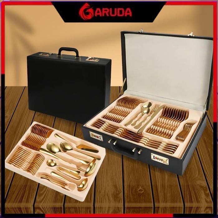 Jual Aveline Sendok Set Koper 72Pcs Cutlery Gold Silver Stainless Steel /Sendok Set Koper Kulit Garp