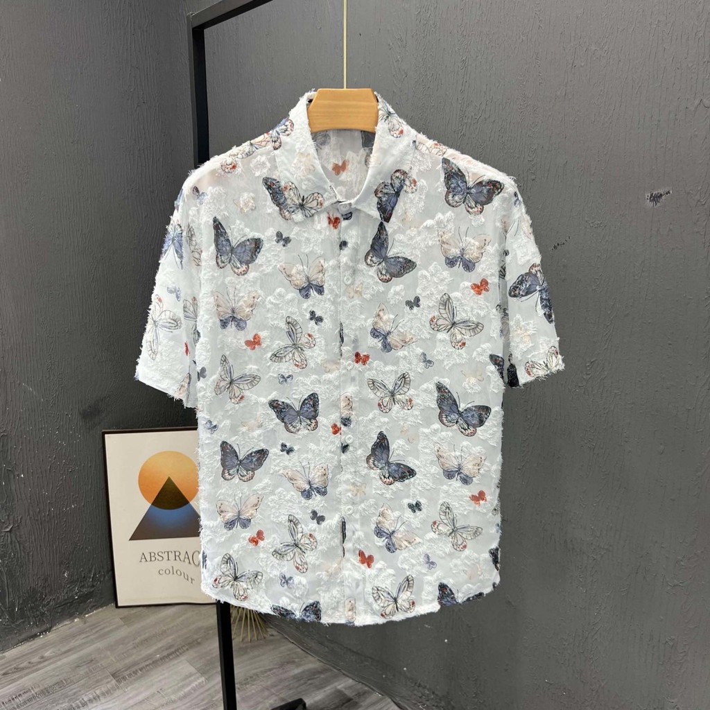 Fashion Square Neck Butterfly Floral Casual Shirt for Men