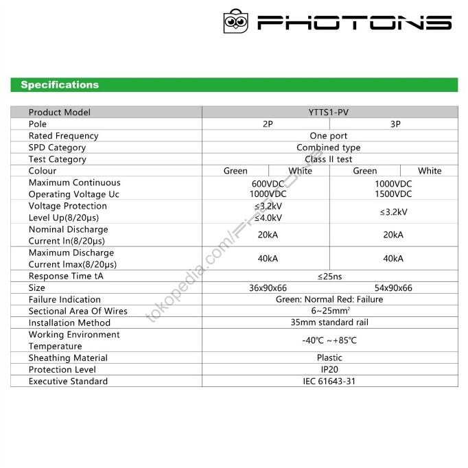 SURGE PROTECTION DEVICE ARRESTER SPD DC 2P 600V 1000V