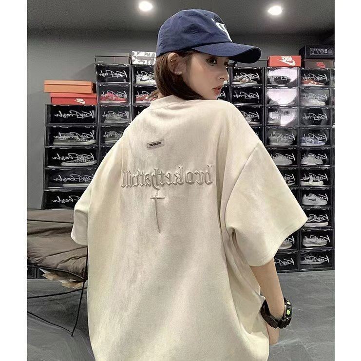 Tuan Dalam COD Kaos longgar lengan pendek suede retro Amerika dengan gaya Instagram