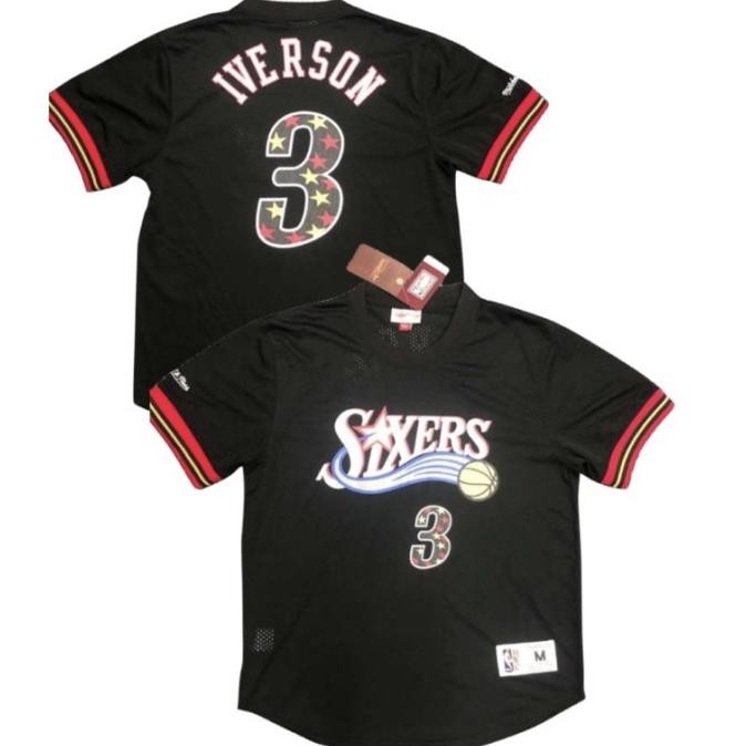 Sale Jersey Basket Sleeve Jersey Sixers #3 Iverson Hitam Merah