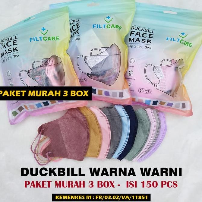 MASKER DUCKBILL WARNA WARNI PAKET MURAH 3 BOX ISI 150 PCS MASKER DUCBILL WARNA 3 PLY  MURAH | MASKER