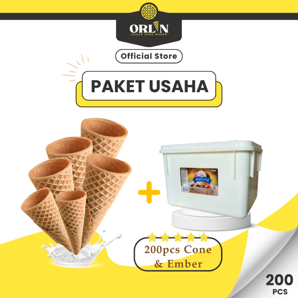 

HJ ORLIN Paket Usaha Mini Waffle Cone Ice Cream 200pcs+Ember/Box Campina