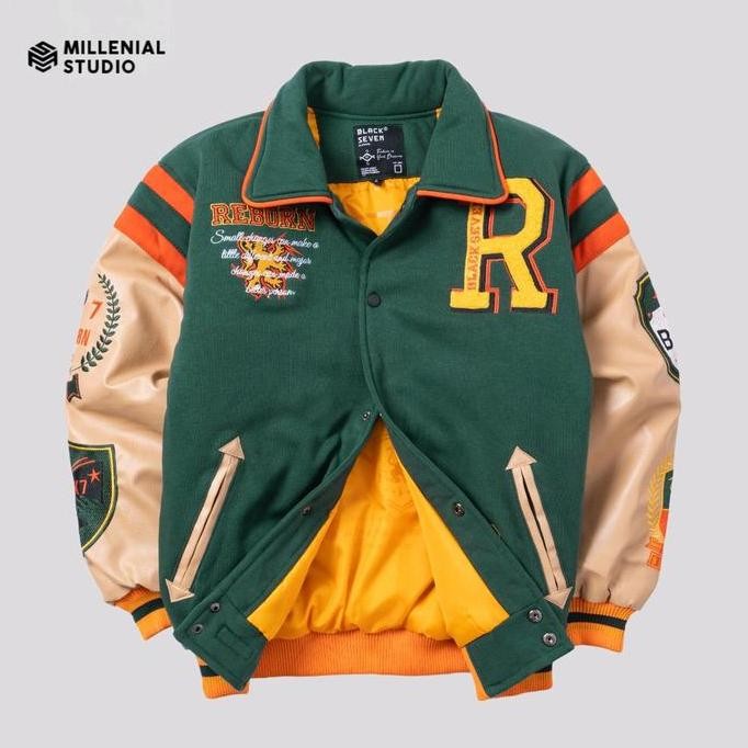 Varsity Jacket Britain Reborn Green Cream | Jaket Baseball Bordir Original Unisex Lembut Nyaman Pria