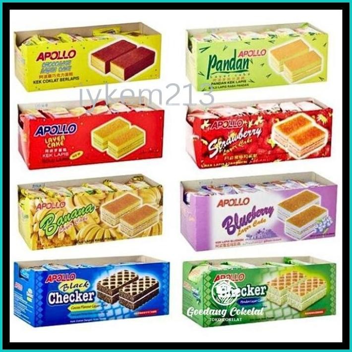 

APOLLO LAYER CAKE BLACK FOREST CHECKER COCOA BOLU LAPIS RASA PANDAN COKLAT CHOCOLATE BLUEBERRY STRAWBERRY KEMASAN 1 BOX ISI 24PCS X 18G