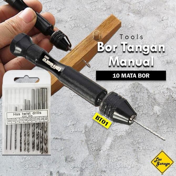 Bor Tangan Manual Mini Hand Drill + 10 Mata Bor Set Kayu Besi HSS murah