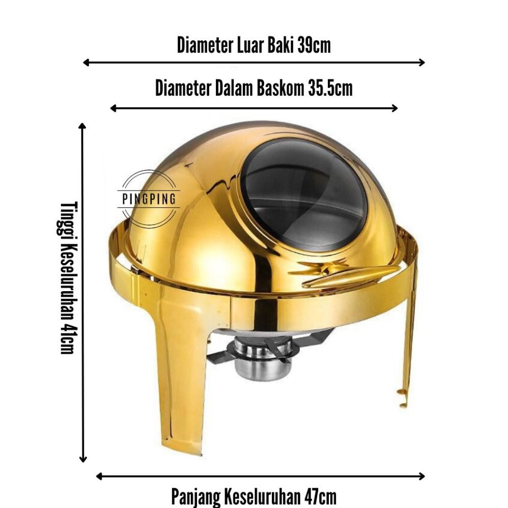 Rolltop Bulat kaca Gold bahan tebal / Rolltop Oval kaca Prasmanan Gold / chaving dish  Gold  / prasm