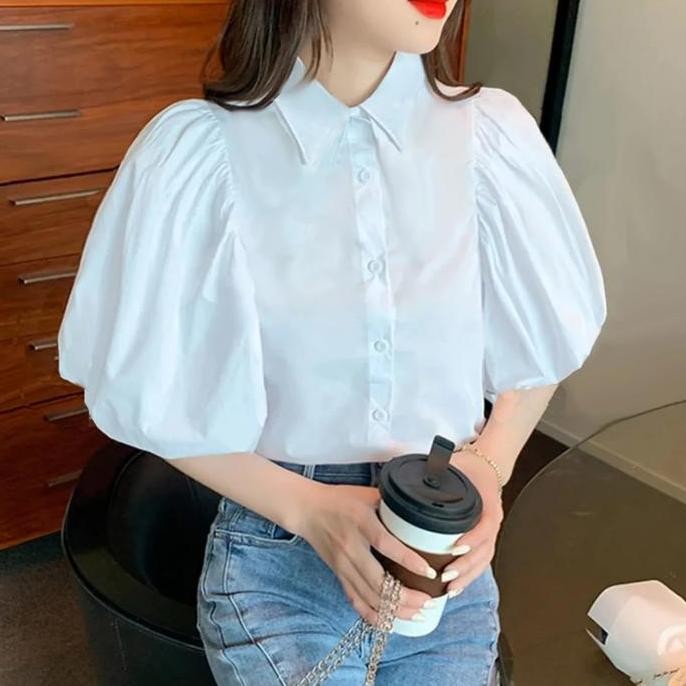 New Atasan Top Kemeja Wanita Lengan Pendek Balon Kancing Depan Polos Satin 968 Baju Cewek