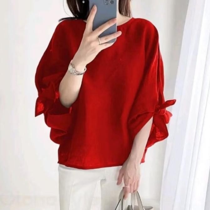 Sale Blouse Baju Atasan Wanita Kerja Style Korea Baju Natal Baju Imlek Merah - Xl